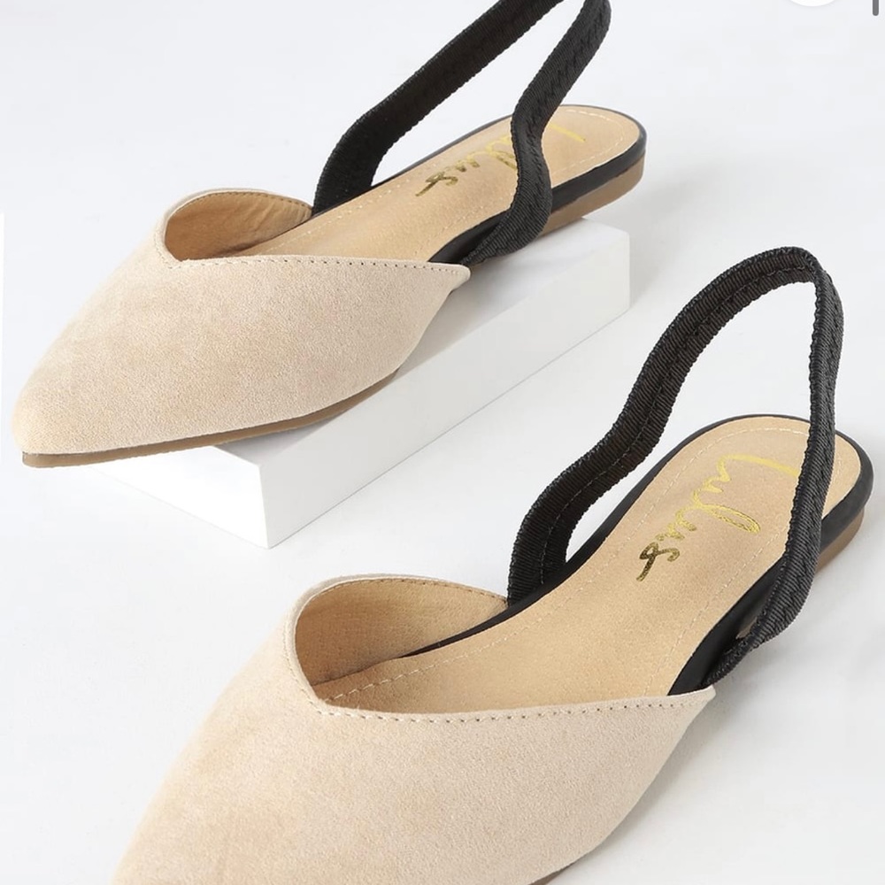 Luls’s Mae Beige and Black Suede Pointed-Toe Slingback Flats